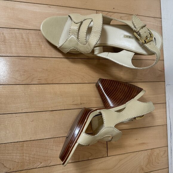 MAX STUDIO Cream Nude Platform Wood Heels Sandals Size 8.5 - Picture 2 of 14